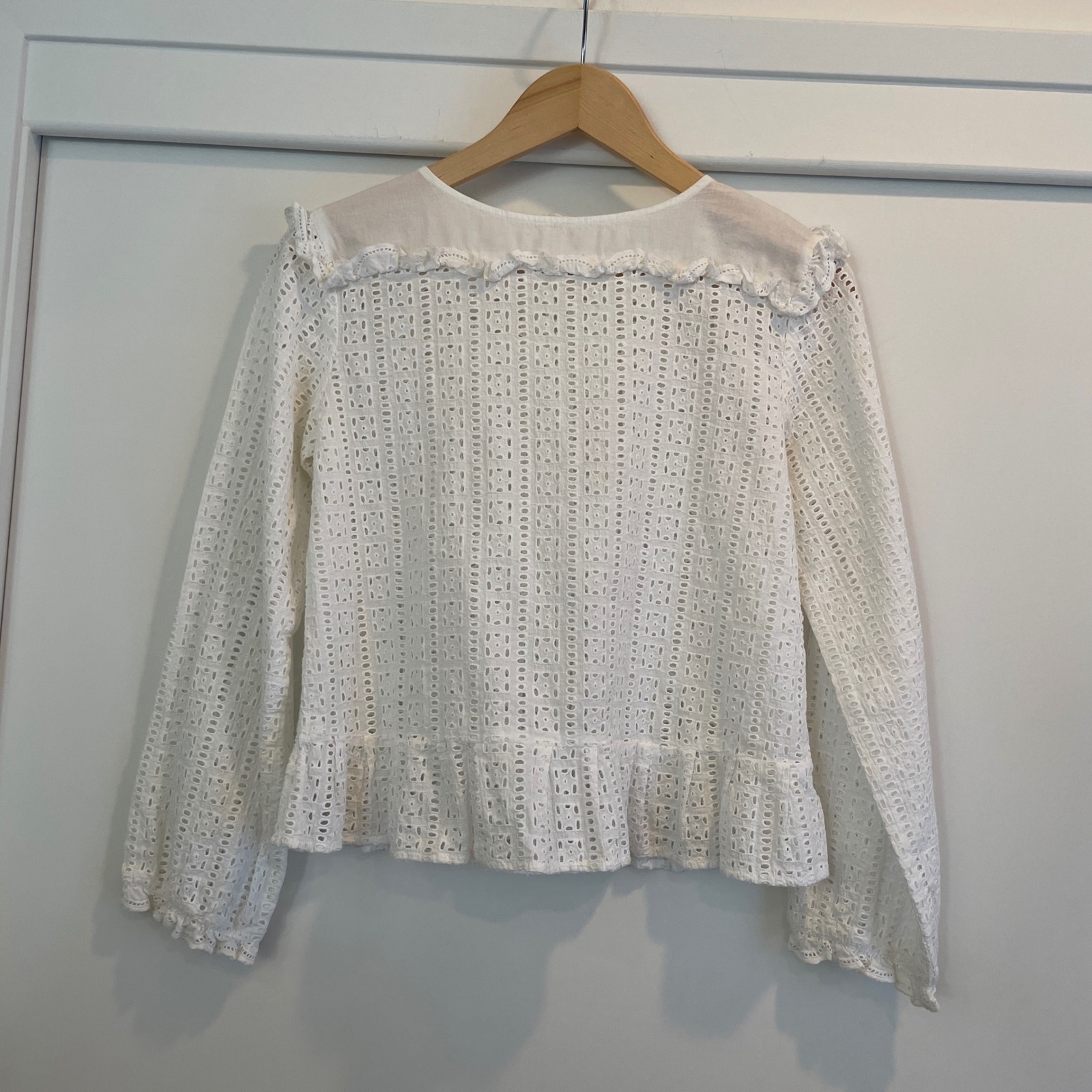White Eyelet Lace Peplum Blouse, Long Sleeve, Ruffle Collar, Button Back